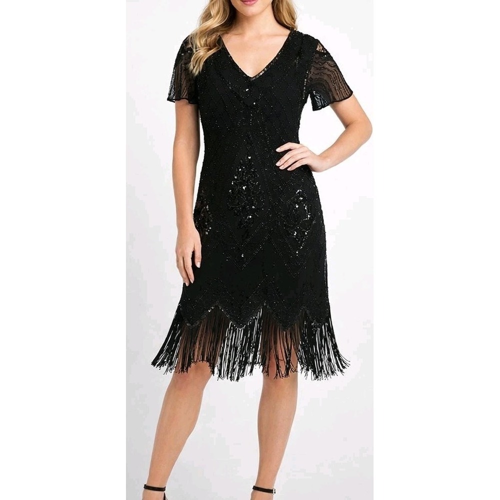 Fundaisy Women's L Black Sequin Fringe Flapper Beaded Gatsby Cocktail Dress